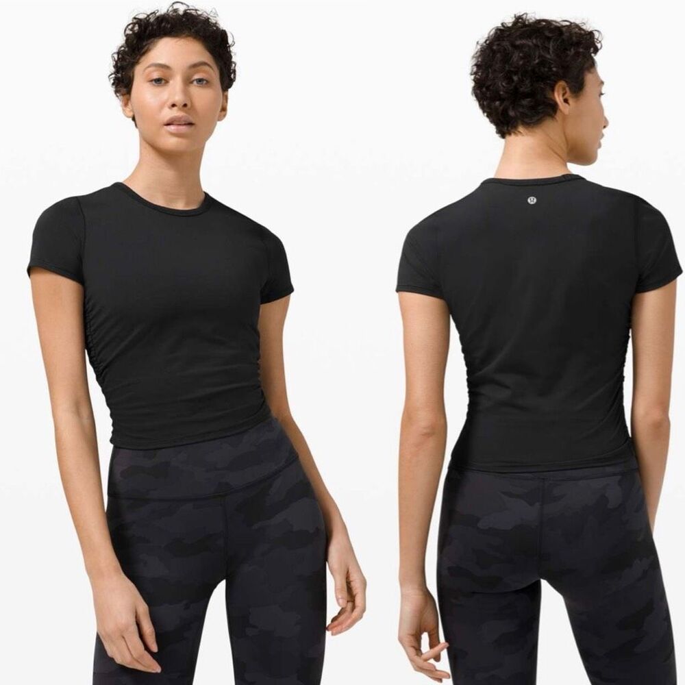 Lululemon All It Takes Short Sleeve *Train Black 6 Crop Top Ruched Cinched Sides